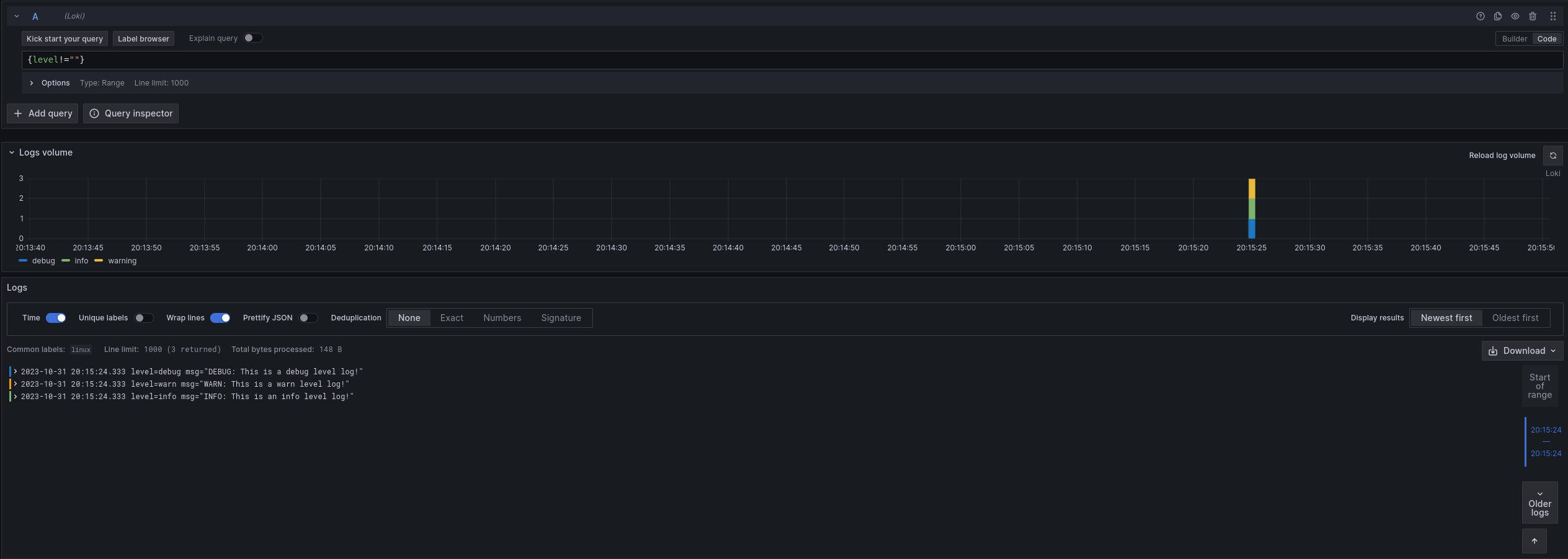 Grafana Explore view of example log lines, now with the extracted 'level' label